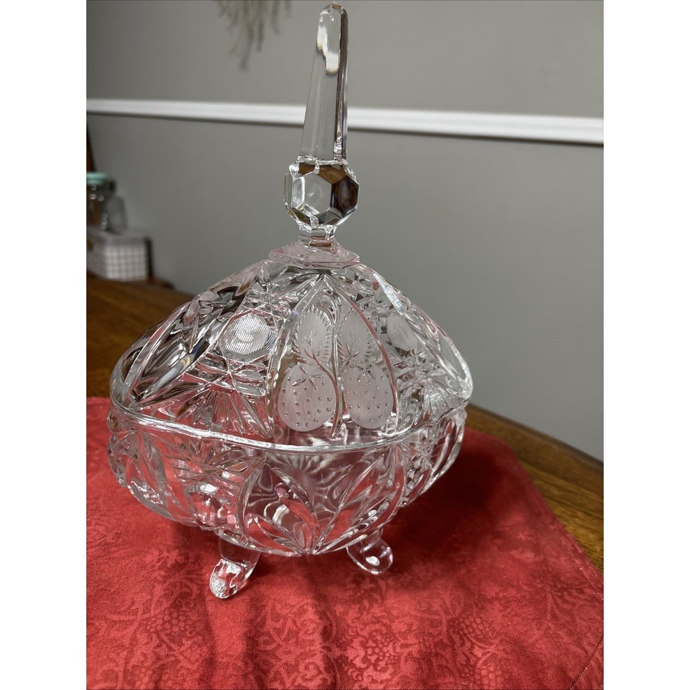 Vintage 1970s Thistle And Berries Pattern Pedestal Candy Dish Bowl With Lid‎